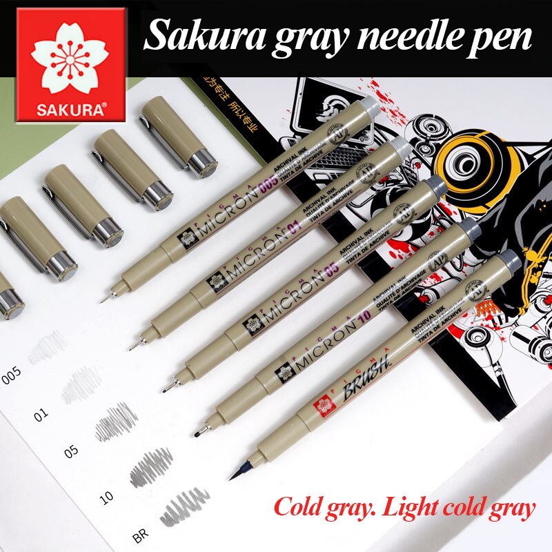 SAKURA Waterproof Thread Hooking Needle Pen Creation Color Drawing Pen Special for Drawing Art Animation Set Cold Gray