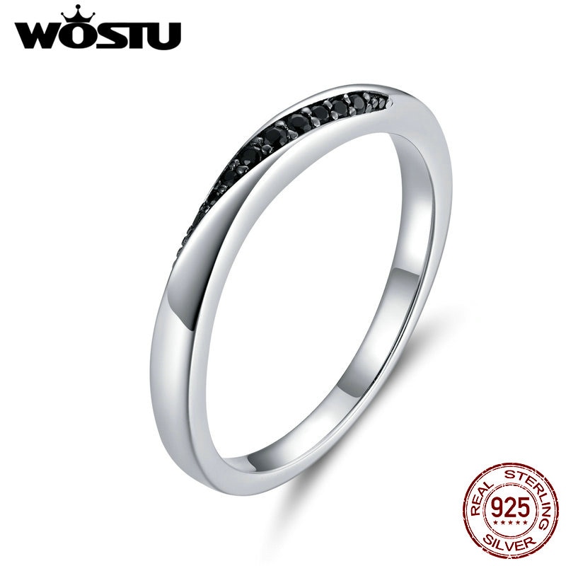 Wostu genuíno 925 prata esterlina estilo rock dedo anel para as mulheres preto zircão cúbico casamento noivado jóias anel anel ctr130