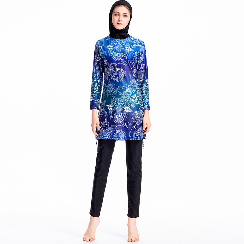 Muslim Swimsuits for Women - Hijab Swimwear Girls Modest Islamic Burkini Flora Printed Arab Women's Swimwear For Women: Blue / M