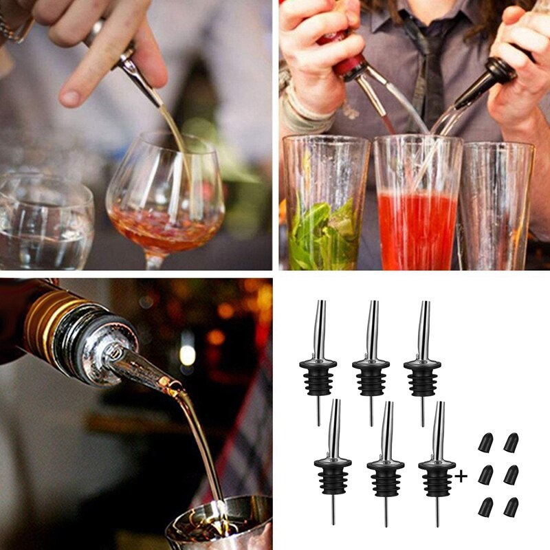 6Pcs Stainless Steel Pourers Speed Pourer Liquor Bottle Pourers and Vinegar Tapered Stopper Spout with Sealed Dust Caps