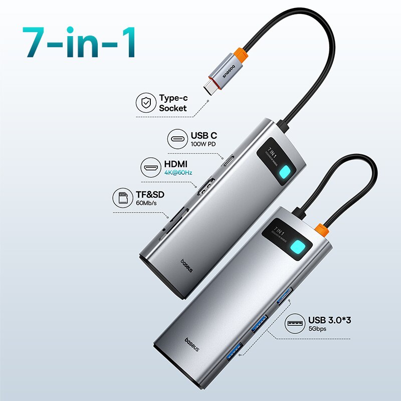 Baseus 7-in-1 Gen 2 USB C HUB 4K @ 60Hz HDMI 3 * USB 3.0 PD 100W Type C poort SD/TF kaartlezer voor Macbook iPad M2 M1 stoomdek: Default Title