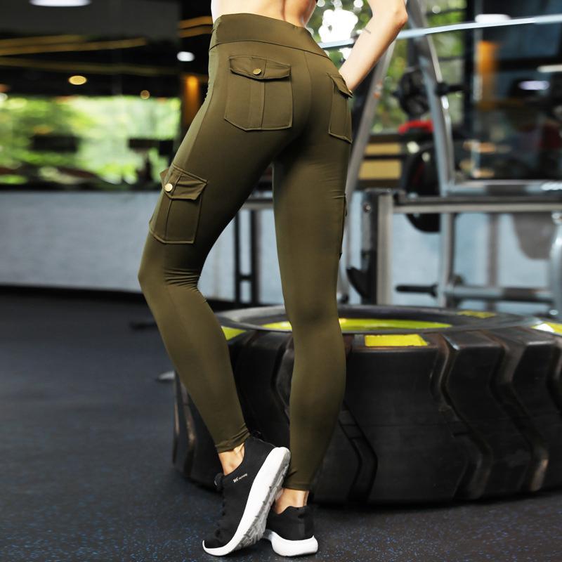 Sorte løbtights kvinder lomme sport leggings høj talje elastisk træning yoga kompression bukser skubbe åndbare bukser op