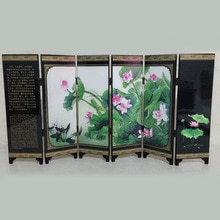 6 Panel Wooden Chinese Style Vintage Pattern Mini Folding Screen Room Divider