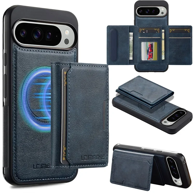 MagSafe Magnetic Flip Leather Phone Case for Google Pixel 9 Pro XL 8 7 8A 7A Detachable Wallet Card Pocket Back Cover Cpque Etui