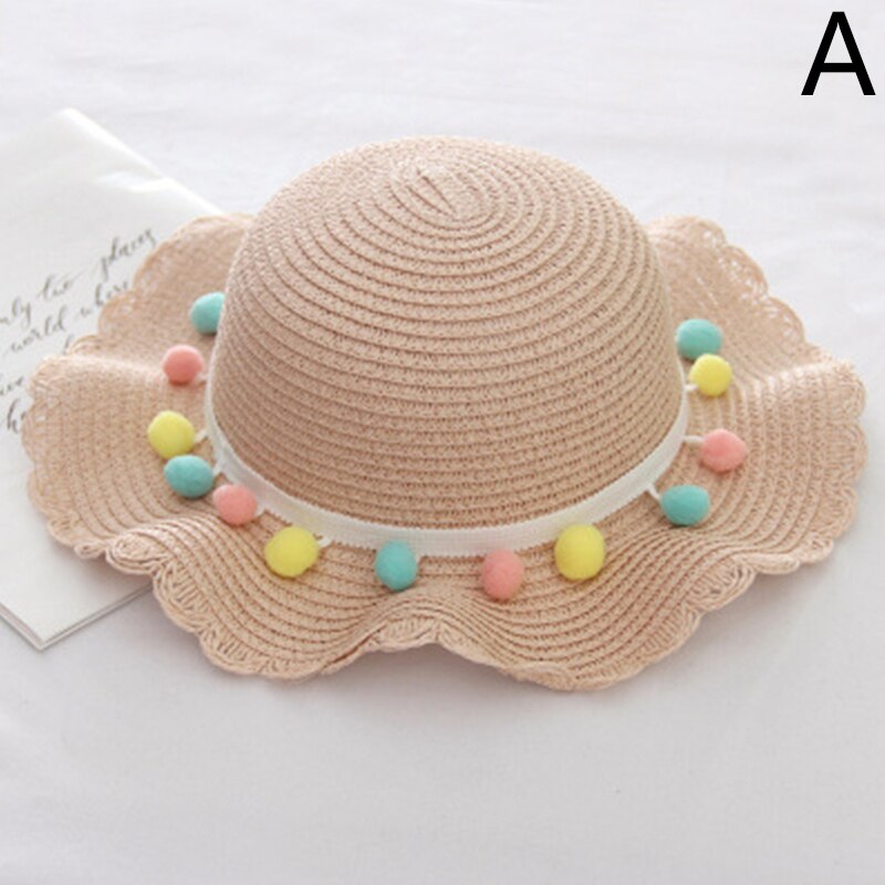 Summer Child Beach Sun Hats Children Girls Straw Bucket Hats Wide Brim Pompom Travel Beach Hats Accessories: A