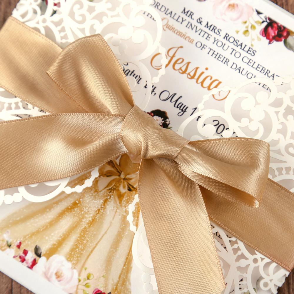 1pcs Square Wedding Invitation Card Bridal, Baby Shower Invite, Birthday, Dinner Invite, with Gold Bowknot Hollow W0004