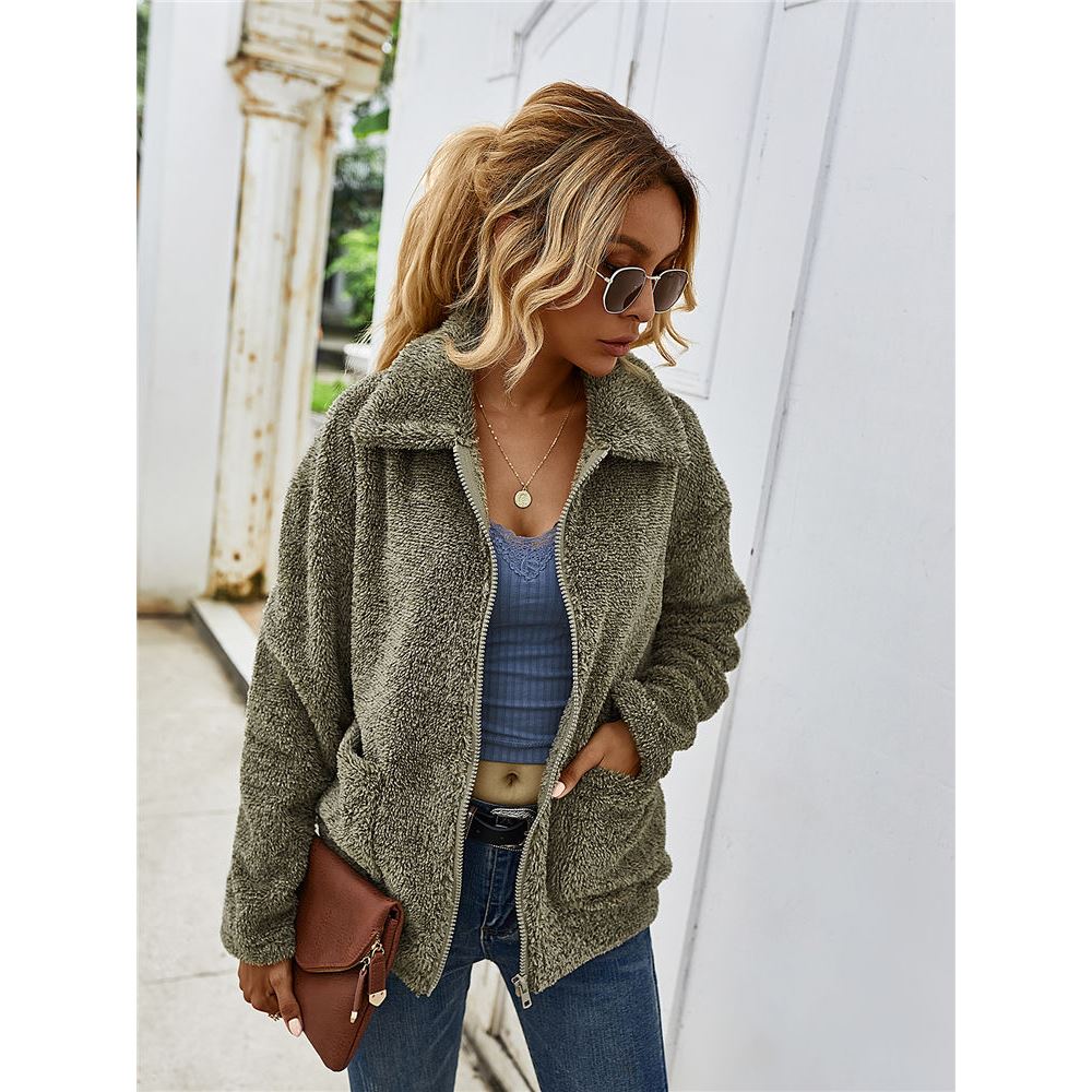 Vrouwen Winter Sherpa Trui Blend Fleece Fluffy Zipper Vest Dames Herfst Streetwear Revers Rits Jas Teddy Truien: ArmyGreen / L