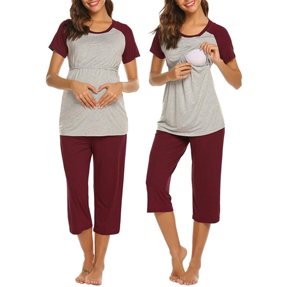 Femmes allaitement hôpital soins infirmiers pyjama ensemble élastique manches courtes pour maternité automne taille réglable hauts 3/4 pantalon maison