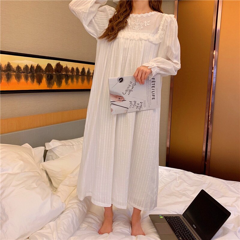 Lace Floral Nightgown Sleepwear Solid Sweet Korean Home Clothes Long Dress Kawaii Striped Embroidery O-Nek Long Sleeve Cotton