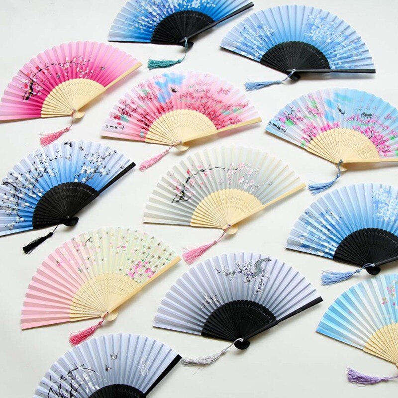 Zomer Vintage Bamboe Vouwen Hand Held Bloem Fan Chinese Dance Party Pocket Bruiloft Benodigdheden