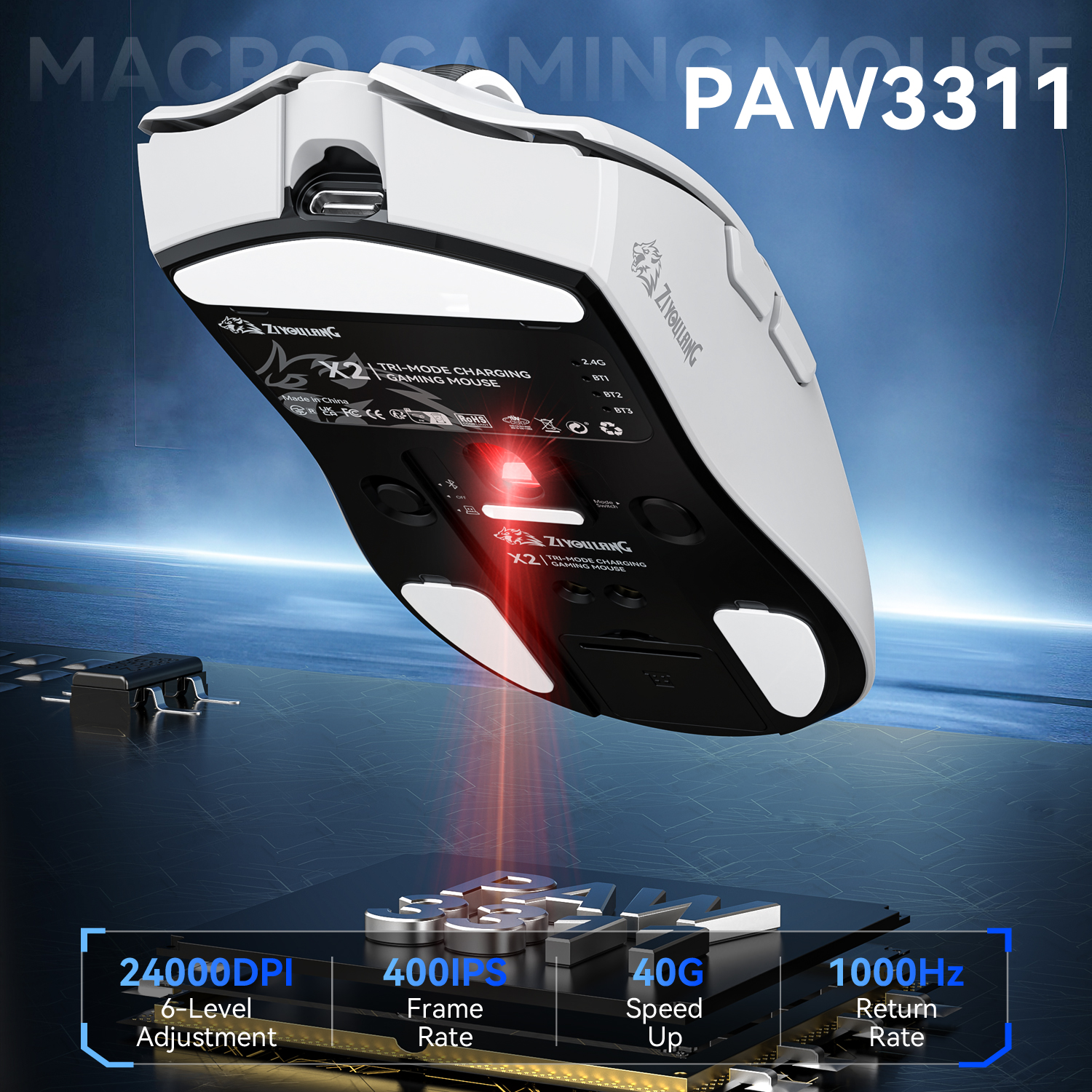 Mysz do gier X2 RGB ładowarka magnetyczna bezprzewodowa, 24000 DPI, 1K powrót połączenie trójtrybowe Bluetooth, mysz do gier makro PAW3311