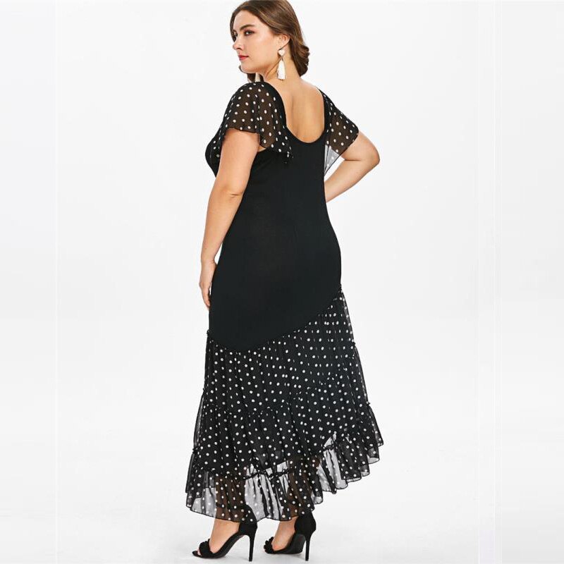Women Summer Dress Plus Size Black V Neck Short Sleeve Polka Dot Print Patchwork Long Dress Maxi Boho Beach Dresses