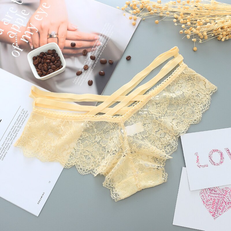 Lace Panties Women Sexy Lingerie Underwear Cross Strap Transparent Underpants Female Solid Briefs: Skin