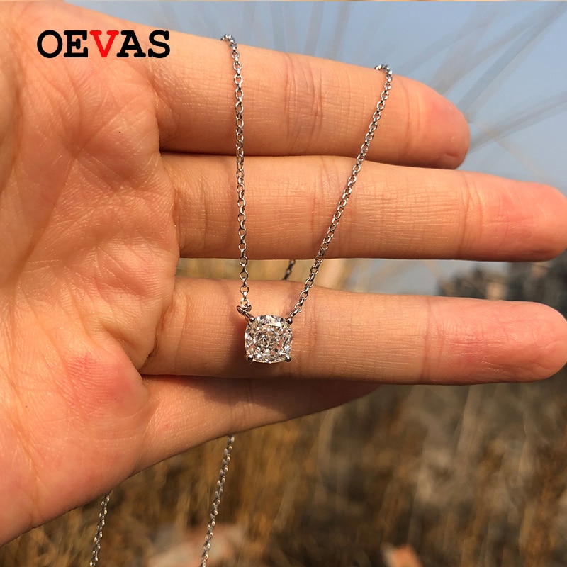 Oevas 7*7Mm Hoge Carbon Diamant Fonkelende Zirkoon 100% 925 Sterling Zilveren Hanger Ketting Voor Vrouwen Bruiloft fijne Sieraden
