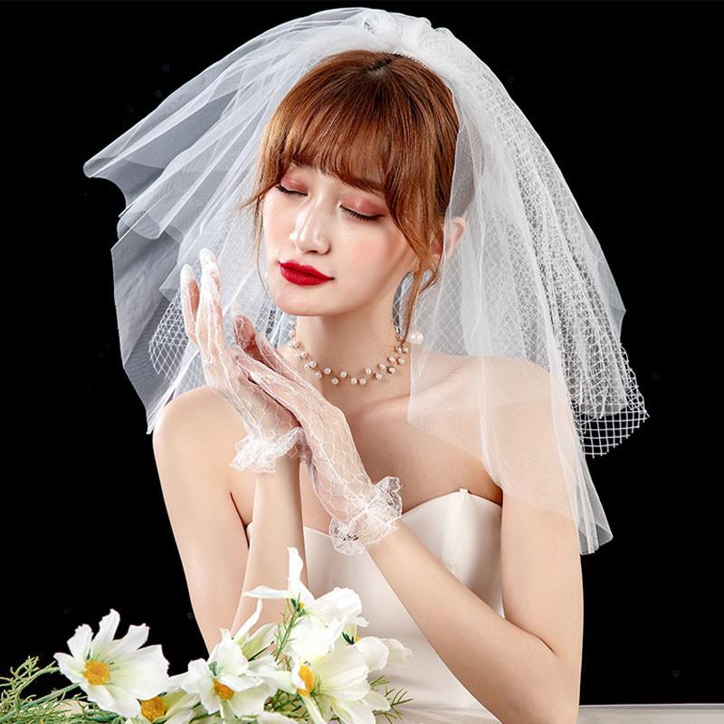 Ranmo Bruid Jurk Handschoenen Kant Korte Paragraaf Zwart Wit Wanten Charmante Dame Vrouwen Handschoen Met Vingers Bruiloft Accessoires: Only short veil