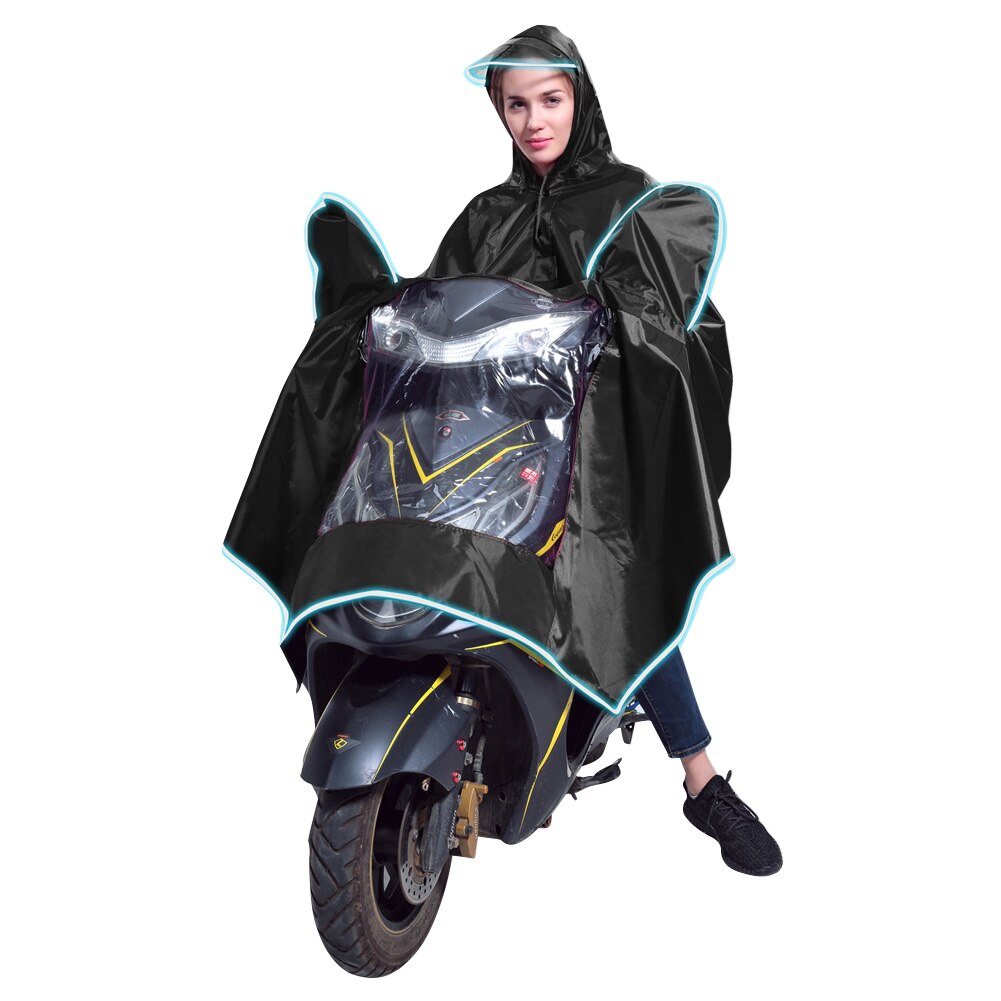 Waterpoof Poncho Rain Cape Safe Riding Universal Wide Hat Brim PVC Motorcycle Accessories With Reflective Strip: Black