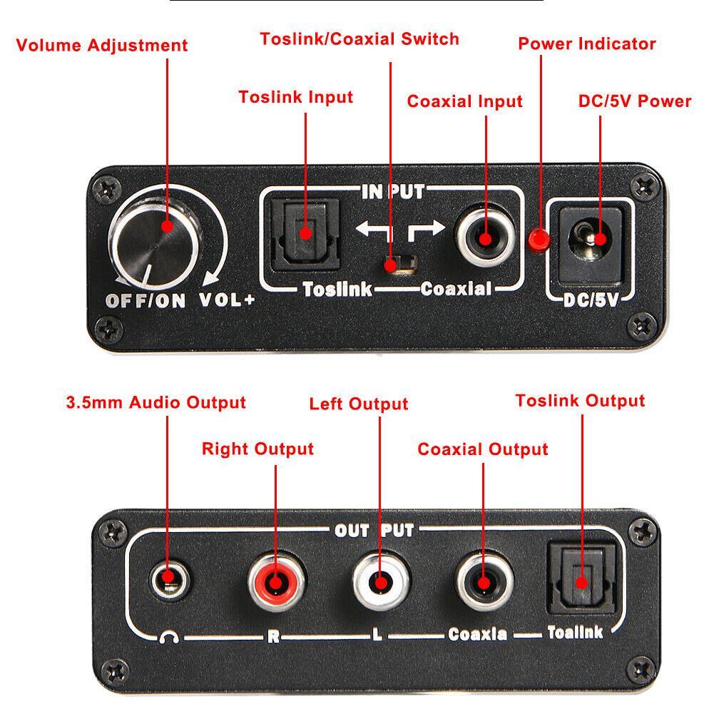 192kHz 24bit Digital Optical Coaxial Toslink To Analog L/R Headphone 3.5mm RCA Adjustment Converter Audio With G0N9