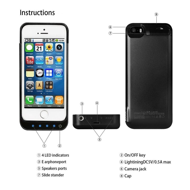 Funda para cargador de batería de 4200mah, recargable con soporte, paquete de batería externa, funda de carga de respaldo Babk para Iphone 5/5c/5s/SE