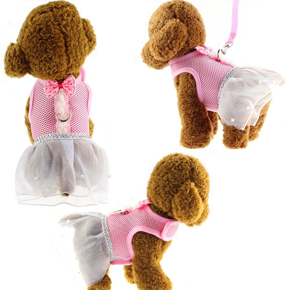 Conjunto de arnés y correa de malla para perro, en 5 colores, con pajarita, para perros pequeños y gatos, collar de arnés, falda de tutú de encaje para mascotas, chaleco, arnés, ropa, suministros