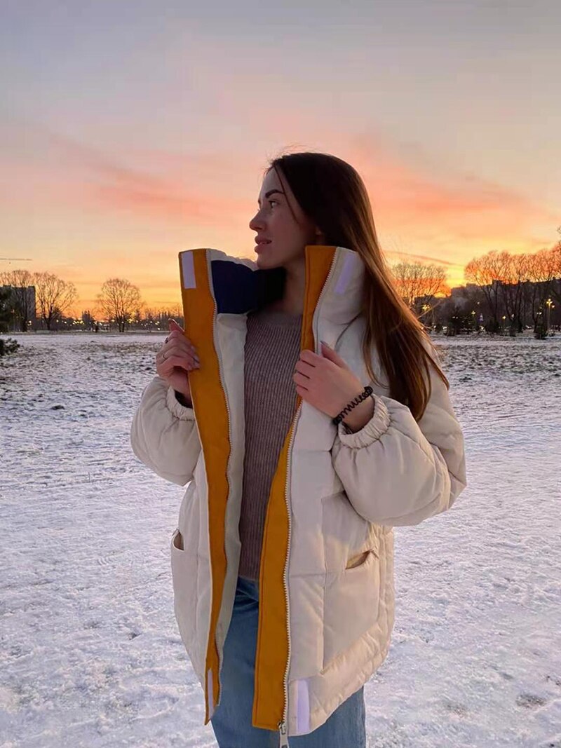 Vinter  -20 ℃ oversize jakke kvinde frakke patchwork vindjakke kvinder polstret lynlås outwear parka tyk streetwear overfrakke varm