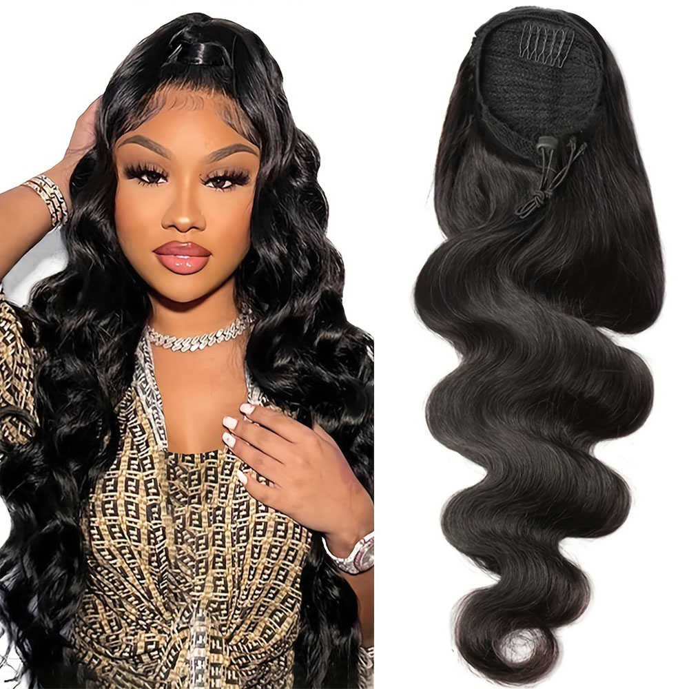 Body Wave Hair Extension Clip Paardenstaart 100% Human Hair Extensions Natuurlijke Zwarte Trekkoord Paardenstaart Extensions Voor Vrouw 26 Inch