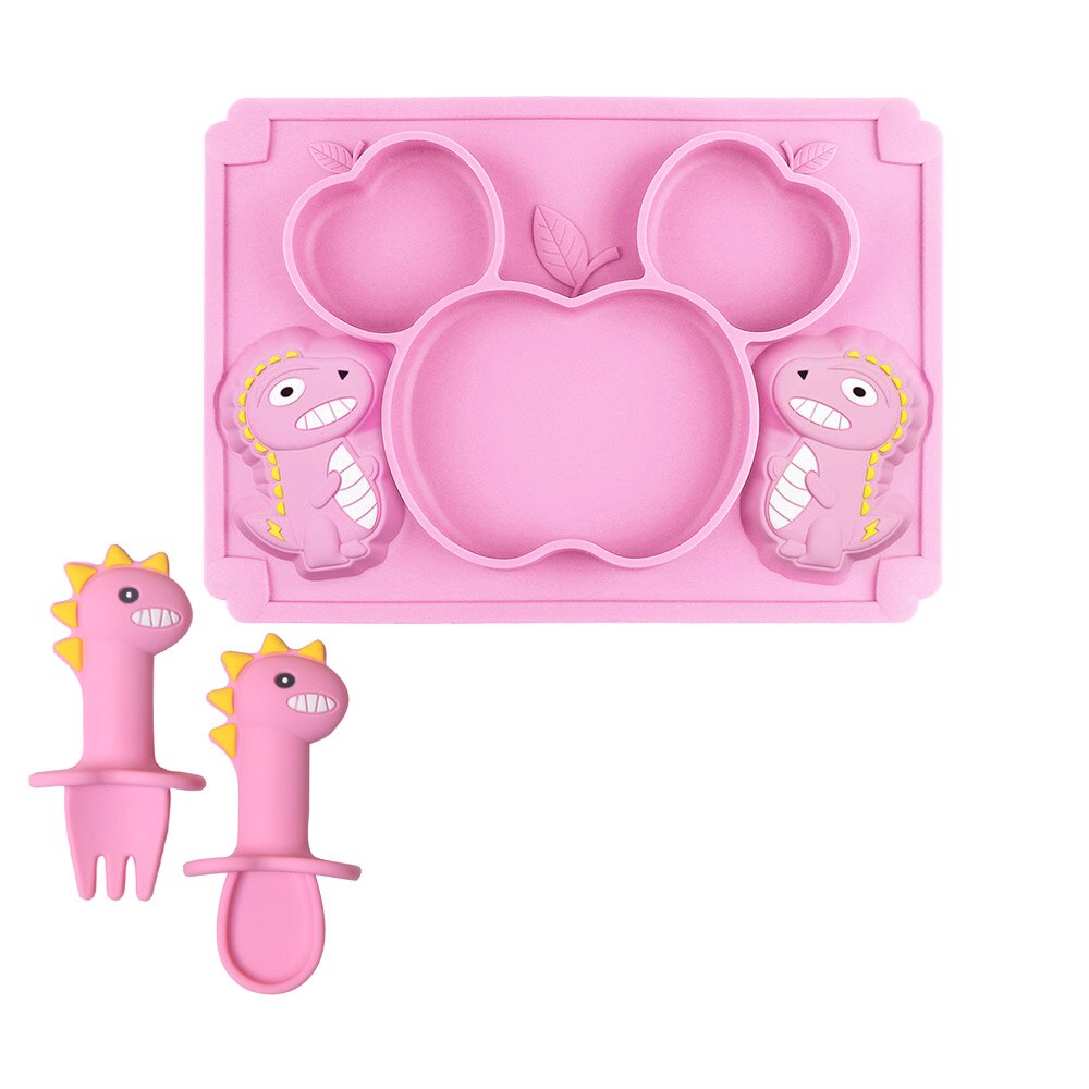 Silicone Baby Zuignap Plaat Slabbetjes Voeden Set Servies Bestek Kinderen Rvs Lepel En Vork Doseren Gerechten Din: Pink 3pcs A