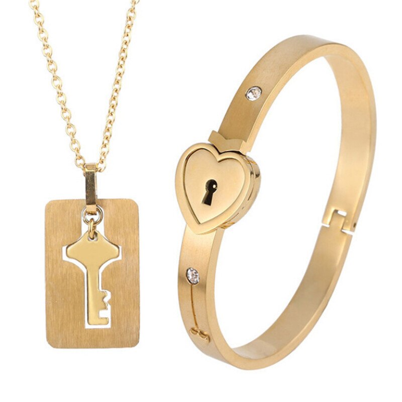 A Couple Lovers Jewelry Love Heart Lock Bracelet Stainless Steel Bracelets Bangles Key Pendant Necklace Jewelry: C