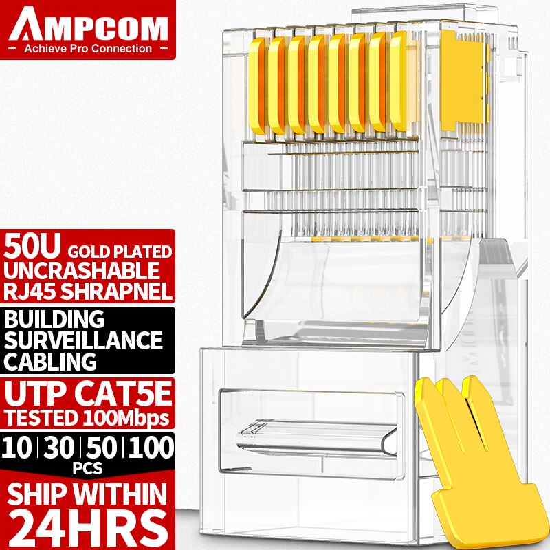 Ampcom-conector de tomada modular cat5e cat/cat6 utp 50u, conector ethernet 8p8c para crimpagem: CAT5e 50U / 30pcs