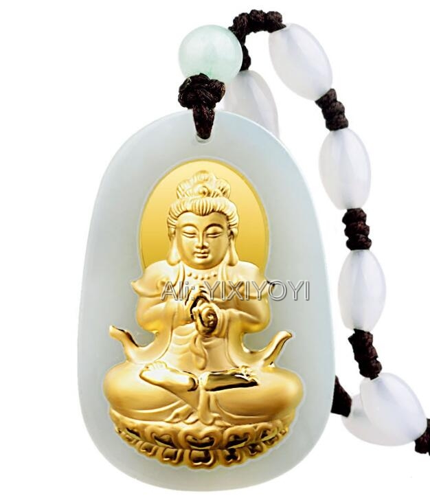 Natuurlijke Witte Tian + 18 K Solid Gold Ingelegd Chinese GuanYin Boeddha Amulet Lucky Hanger + Gratis Ketting Charm fijne Sieraden