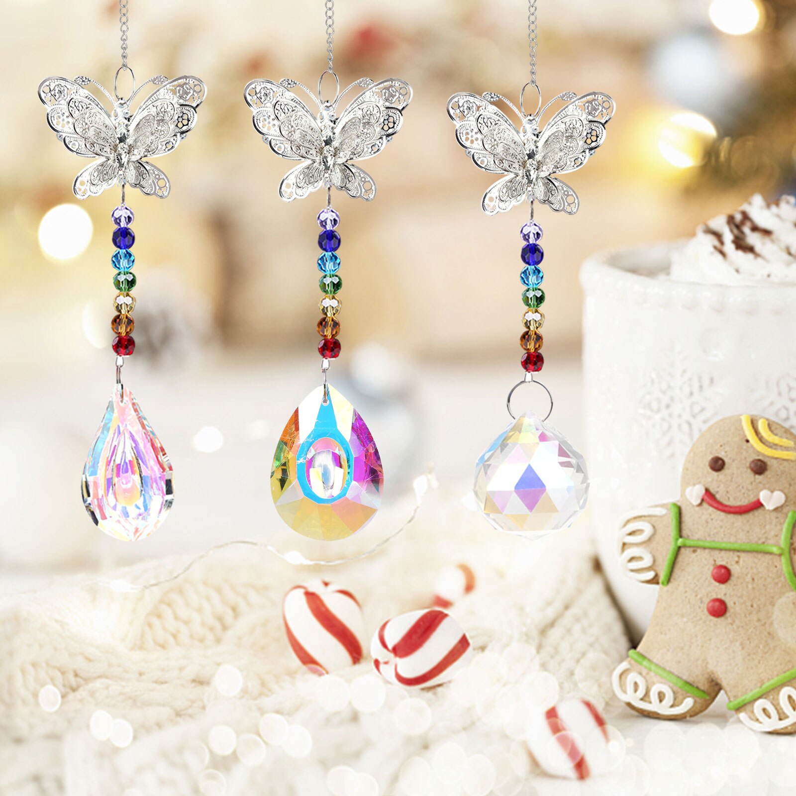 Adornos de cristal de mariposa, carrillón de viento colgante para ventana, lámparas de araña, cortina de luz, prismas, decoración colgante
