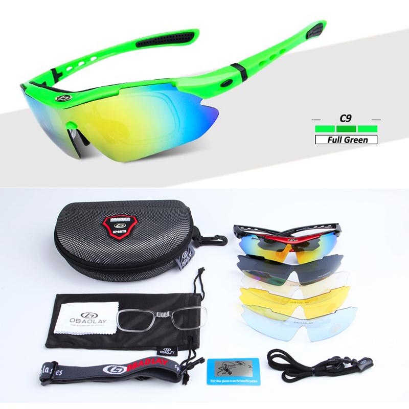 OBAOLAY Gepolariseerde Sport Mannen Zonnebril Road Fietsen Glazen Mountainbike Fiets Rijden Bescherming Goggles Eyewear 5 Lens: C9 Full Green