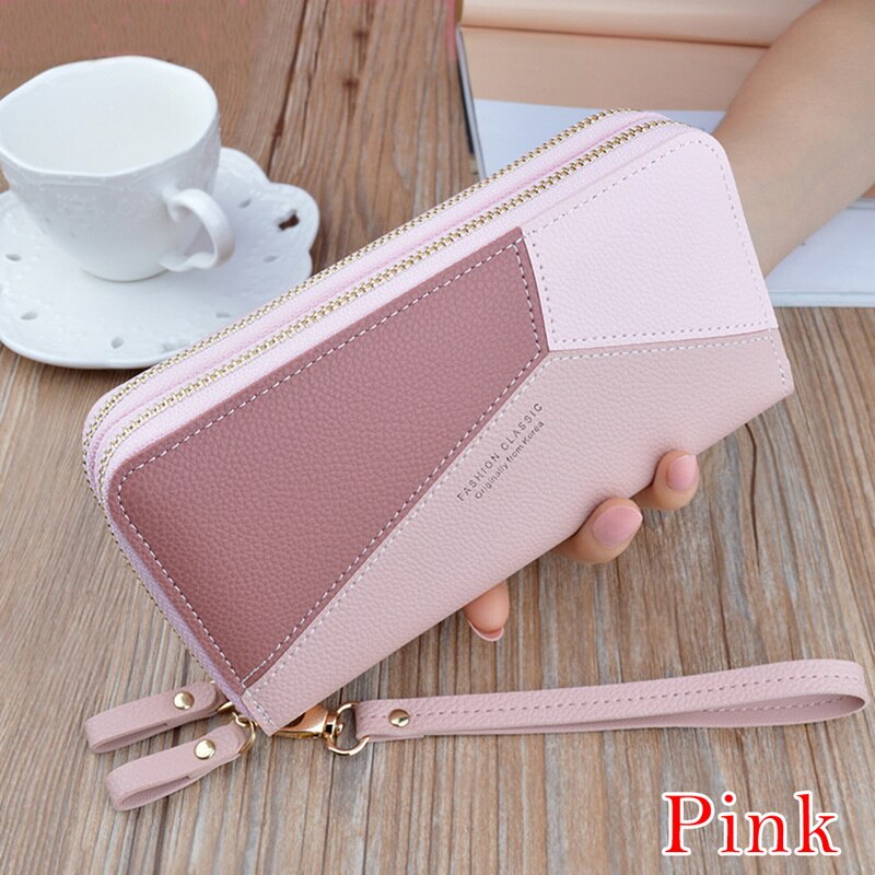 Geometrisk kvinner clutch rosa lommebøker telefonlomme veske kortholder lappeteppe kvinner lang lommebok dame kredittkort pu-boks: 3