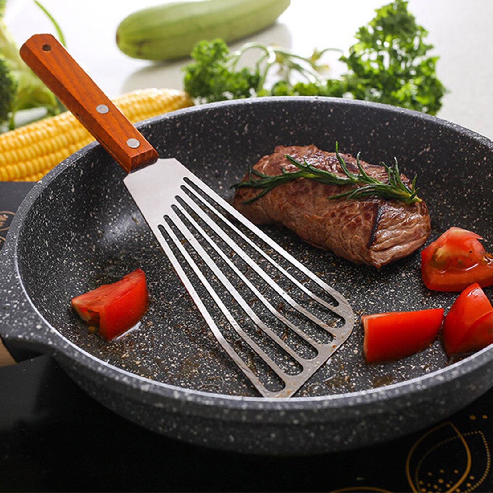 Multifunctional Slotted Frying Spatula Steak Shovel Fish Hollow Multipurpose Wooden Handle Long Time Use Kitchen Tool