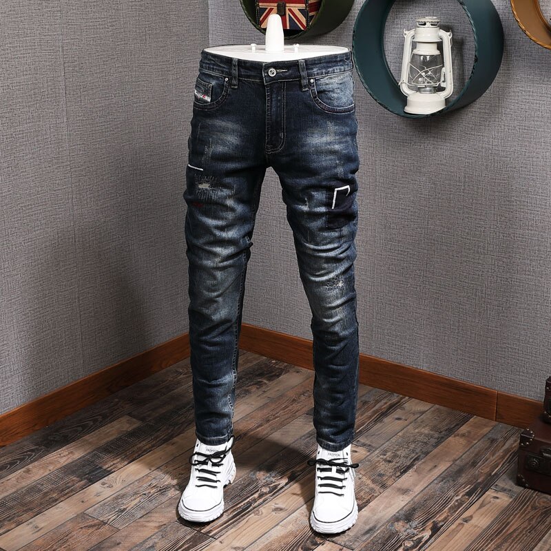 Men's Patchwork Ripped Biker Jeans – Stretch Denim, Pleated Knees, Streetwear Style | Distressed Skinny Fit - View #6