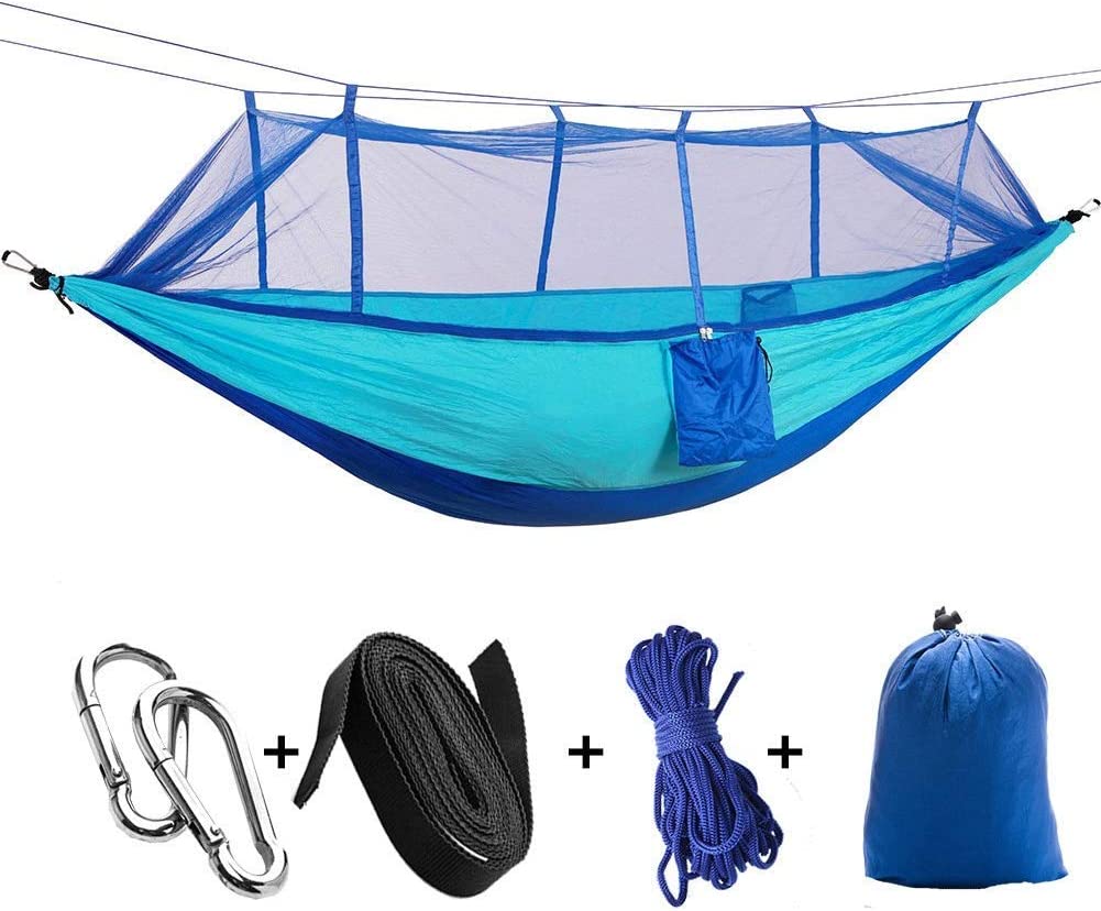 2 personers campinghave hængekøje med myggenet udendørsmøbler seng styrke faldskærmsstof sovegynge bærbar hængende: Blå