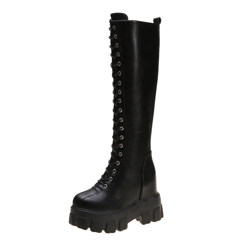 Plate-forme trapue en cuir pu genou bottes hautes femmes rétro Punk hauteur augmentant bottes longues femme à lacets chaussons Mujer erf56