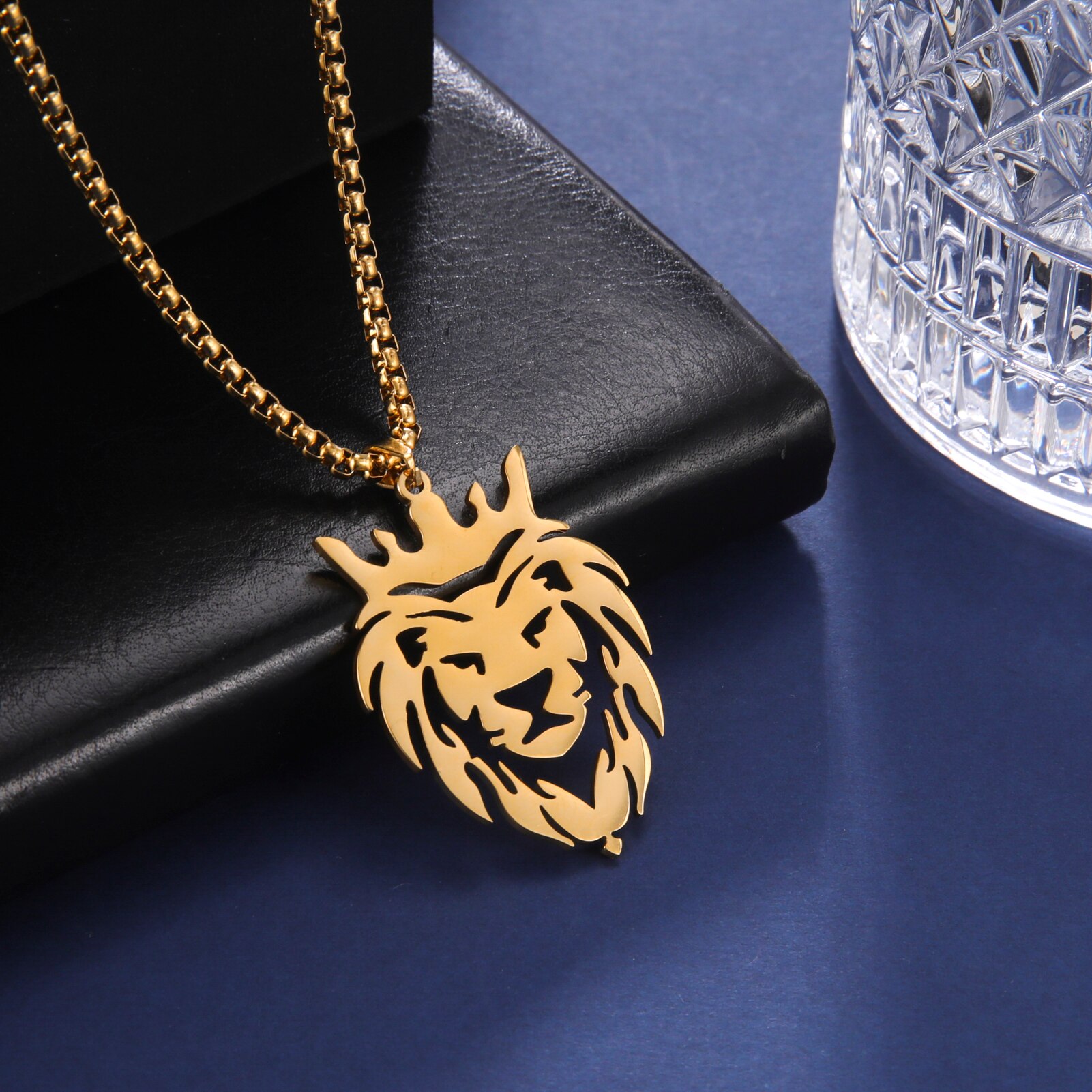 Stainless Steel Lion With King Crown Necklaces Animal Pendant Men's Box Chain Choker Necklace For Women Jewelry Party Men