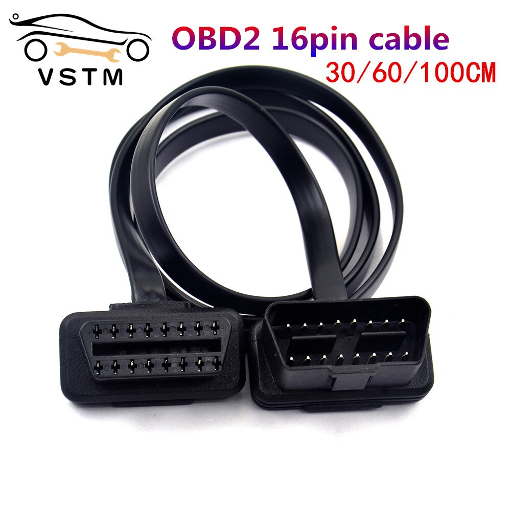 30/60/100Cm Platte + Dunne 16 Pin Socket Obd Obdii OBD2 16Pin Male Naar vrouwelijke Auto Scanner Verlengkabel 8Core Connector