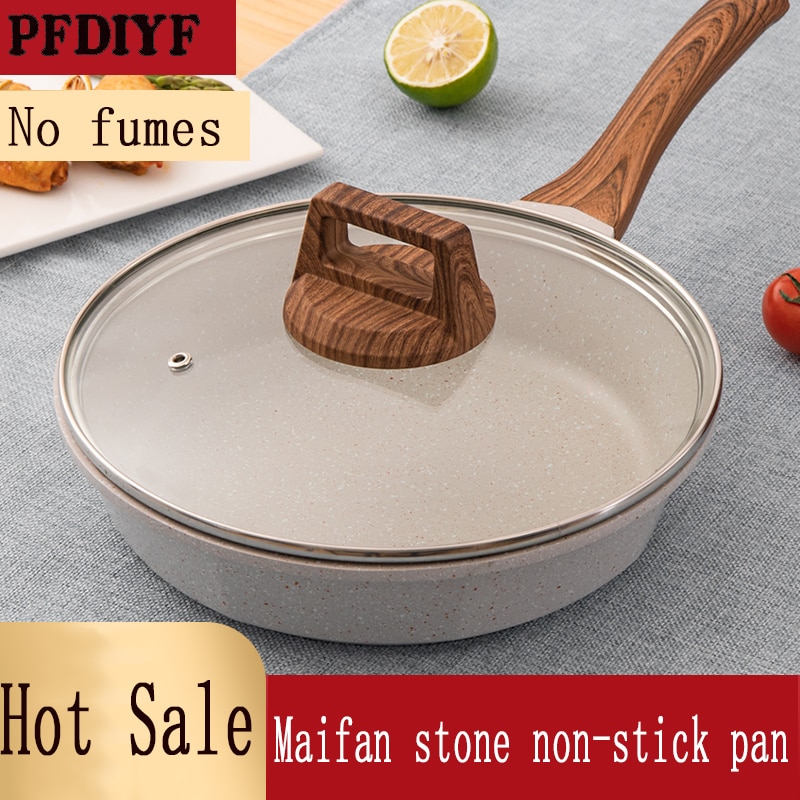 20-28CM Maifan Stone Wok Non-stick Frying Pan with Glass Lid Deepening Frying Pan for Induction Cooker Gas Stove