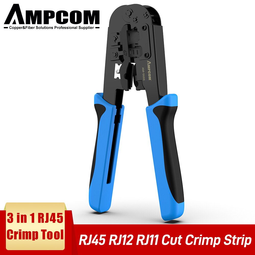 AMPCOM Crimping Tool RJ45 and RJ12, RJ11 Crimper Cutter Stripper Network Cable CrimpTool for 4P 6P 8P RJ-11/RJ-12 RJ-45