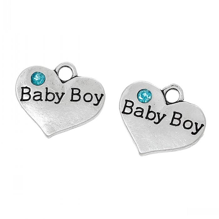 Doreen Box Charm Pendants Heart Silver Color Message&quot;Baby Boy&quot;Carved Skyblue Rhinestone 16mm x 14mm(5/8&quot; x 4/8&quot;),20 PCs