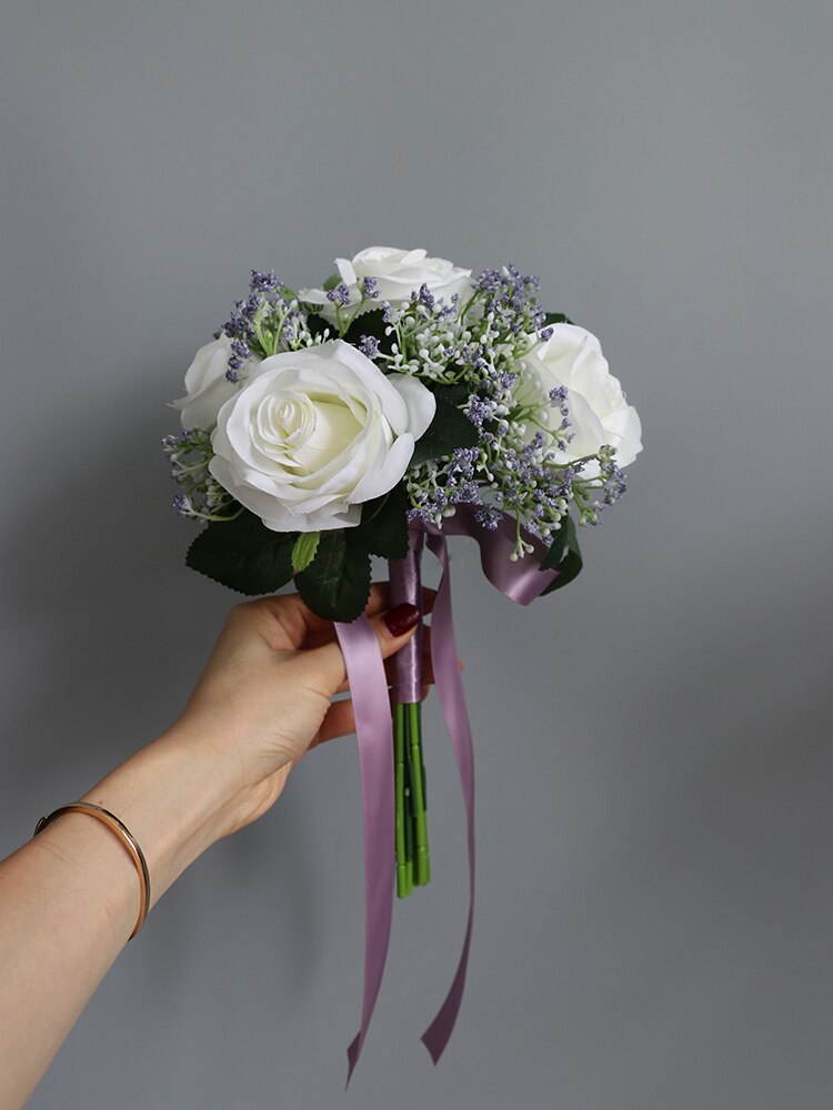 Janevini kunstbloemenmeisjesboeket wit roze blauw roos zijden bruidsmeisjes bruidshandbloemen rood klein bruidsboeket: Witte roos