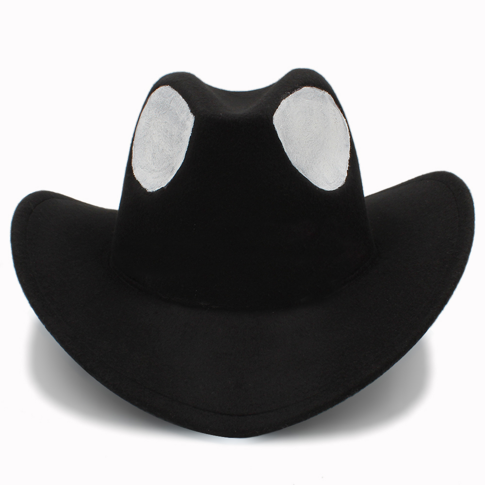 Hand Painted Women Men Wool Hollow Western Cowboy Hat Roll-up Brim Black Alien Sombrero Hombre Fedora Cap Size 56-58CM
