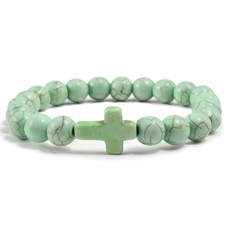 Trendy Jesus Charm Natural Stone Cross Bracelet Blue Turquoises Matte Beaded Bracelets For Men Women Prayer Couple Jewelry