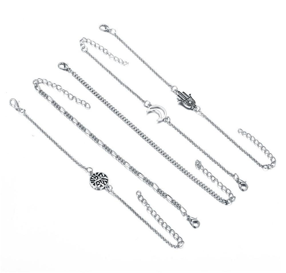 Bracelet Anklet sets 5pcs/set Hand Tree Leaf Moon charm metal chain silver color plated Figaro O chain Women