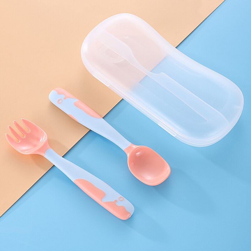 Baby Gadgets Tableware Set Children Utensil With Storage Box Toddler Dinnerware Cutlery Cartoon Infant Food Feeding Spoon Fork: Pink With Box