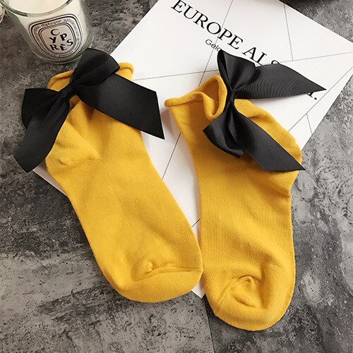 Winter Autumn Spring Sweet Curl Cotton After The Heel Ribbon Big Bow Short Socks Wild Chaussette Female Herring Ankle Socks: Socks yellow black