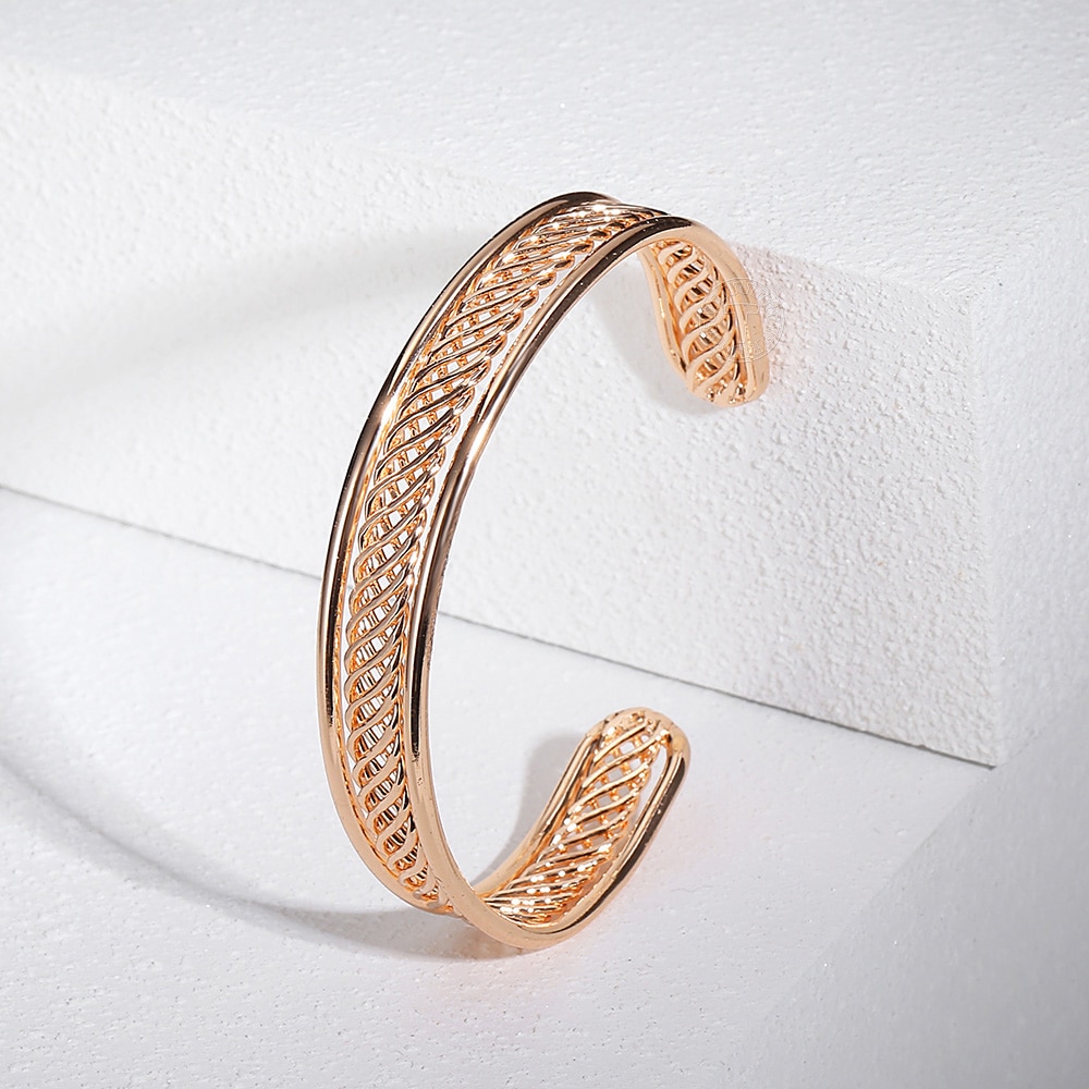 12mm 585 Rose Gold Cuff Bangle Bracelet for Women Girl Twisted Carved Wristband Simple Party Wedding Jewelry CB54