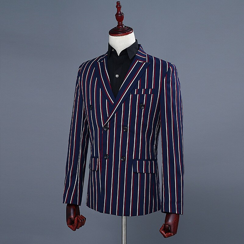 Simple Formal Suits Men Long Sleeve Dress Mens Casual Prom For Blue Stripes Suit Slim Fit Clothing Two Piece Set Coat Pants