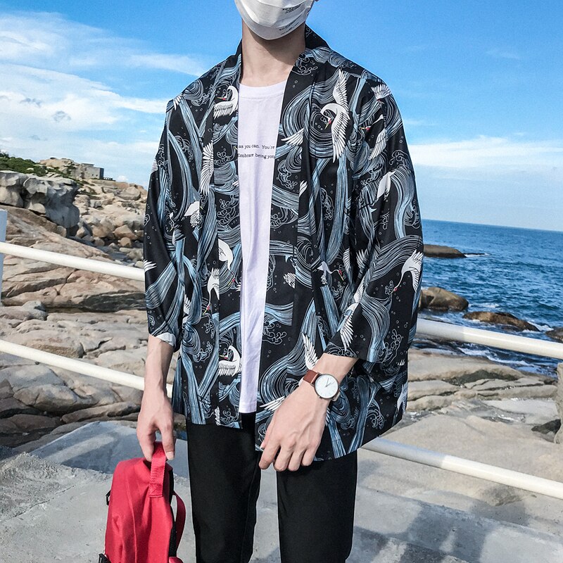 Oscn 7 trykt kimono cardigan skjorte herre street korea trekvart ermer frakk skjorter harujuku herre skjorte 8805: Rosa / M